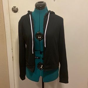 JR’s Black Zip-up Warmup Jacket w/white stripes on sleeves lightweight, soft Lg